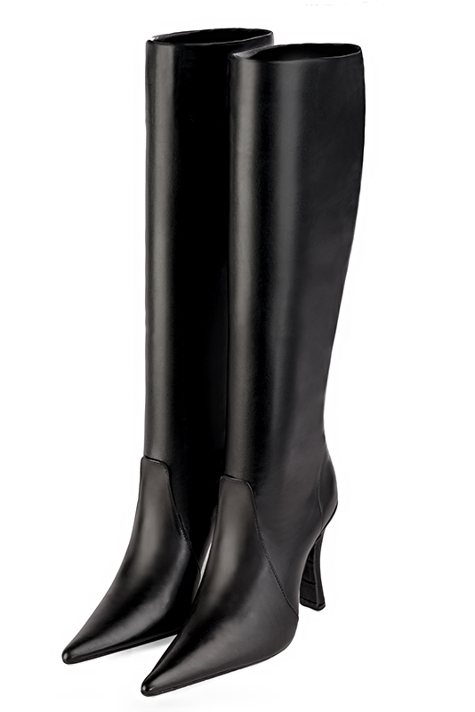 Satin black women's feminine knee-high boots. Pointed toe. Very high spool heels. Made to measure. Front view - Florence KOOIJMAN